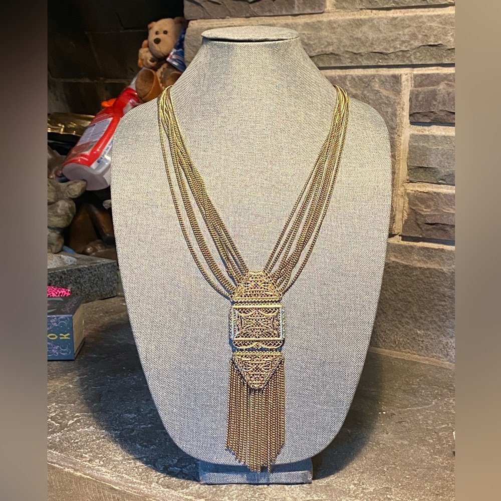 VTG Victorian revival,gold plate multi chain necklace,intricate filigree,fringe
